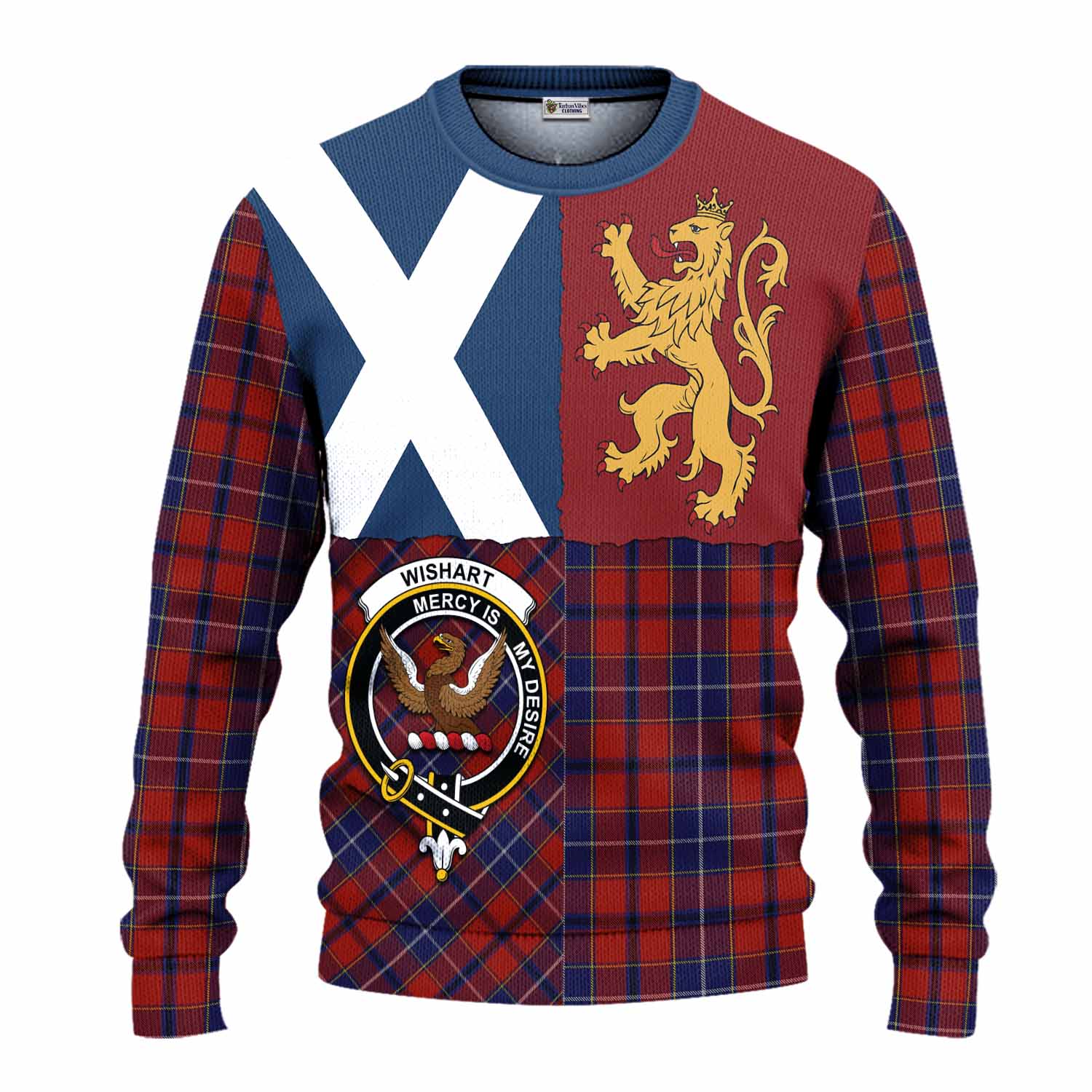 Wishart Crest Tartan Knitted Sweater with Lion Rampant Saltire Style