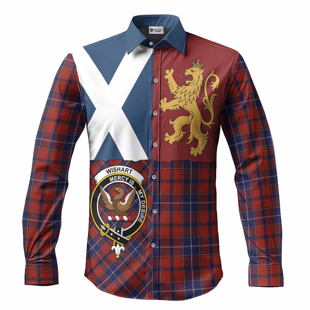 Wishart Crest Tartan Long Sleeve Button Shirts with Lion Rampant Saltire Style
