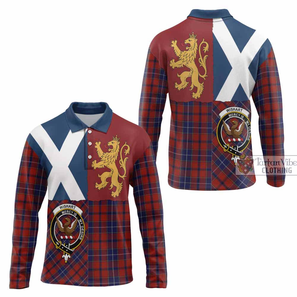 Wishart Crest Tartan Long Sleeve Polo Shirt with Lion Rampant Saltire Style