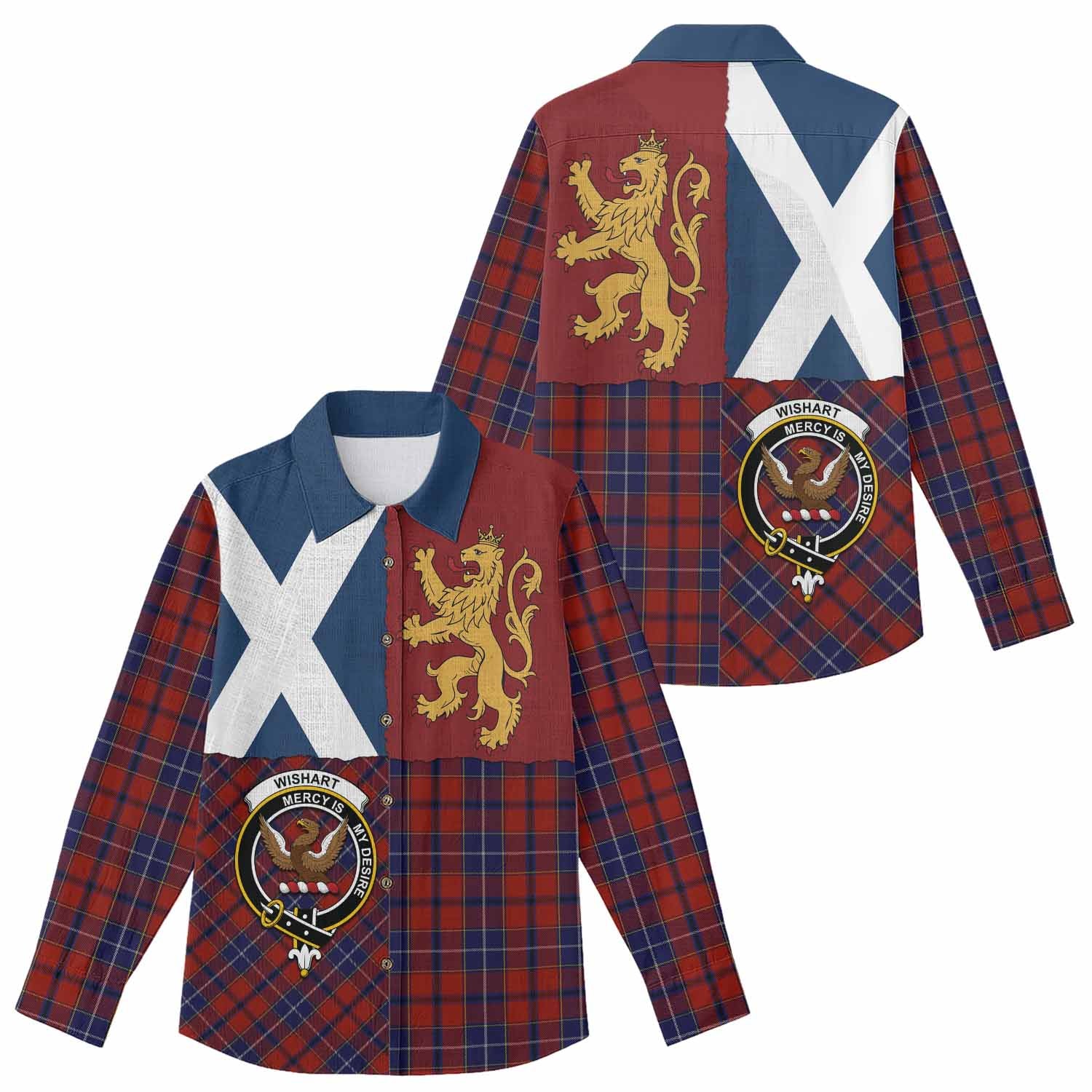 Wishart Crest Tartan Women Casual Shirt with Lion Rampant Saltire Style