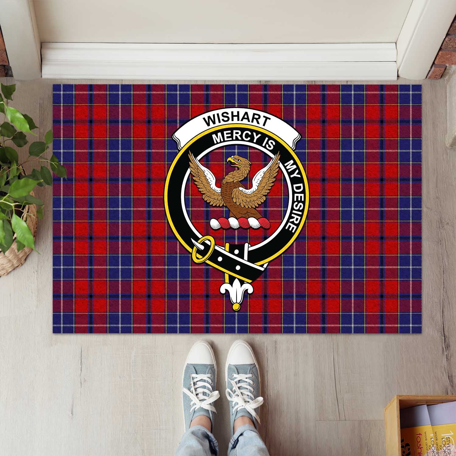 Wishart Dress Tartan Door Mat with Family Crest - Tartanvibesclothing Shop