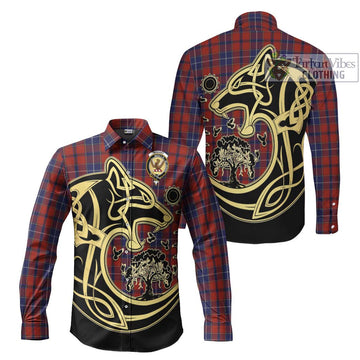 Wishart Tartan Long Sleeve Button Shirt with Family Crest Celtic Wolf Style Men's Shirt S - Tartan Vibes Clothing