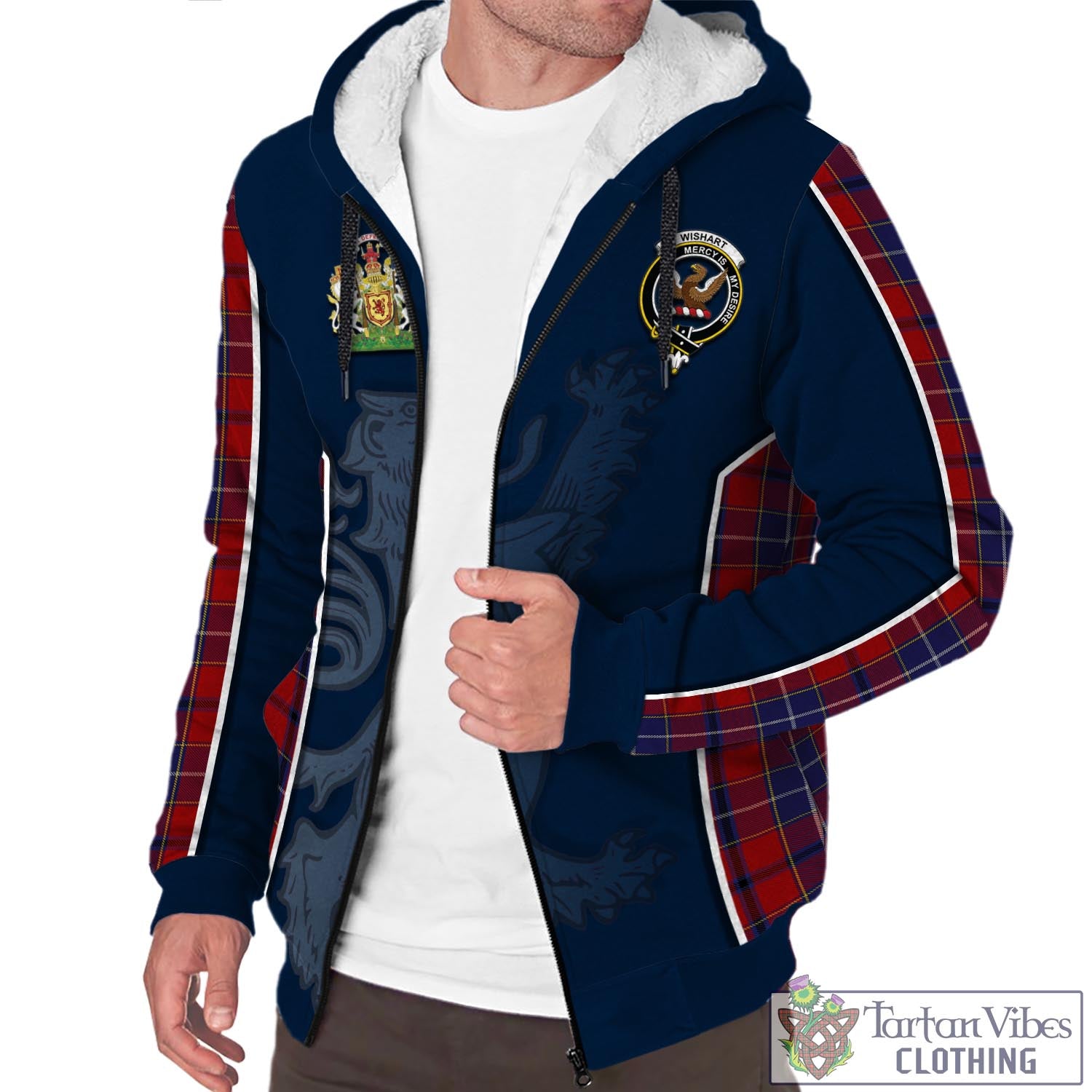 Tartan Vibes Clothing Wishart Dress Tartan Sherpa Hoodie with Family Crest and Lion Rampant Vibes Sport Style