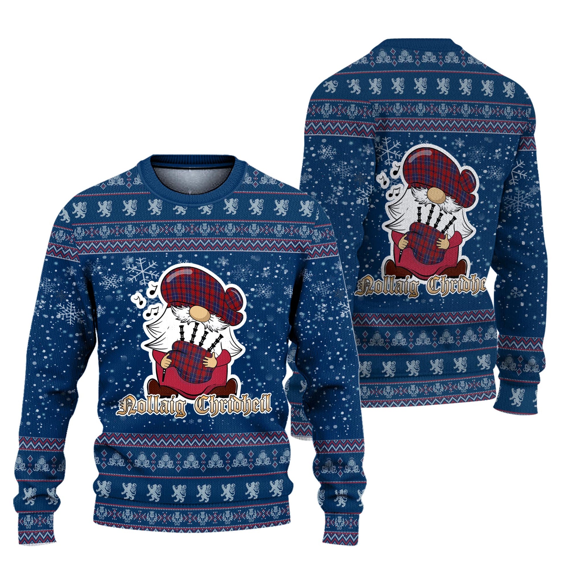 Wishart Dress Clan Christmas Family Knitted Sweater with Funny Gnome Playing Bagpipes Unisex Blue - Tartanvibesclothing