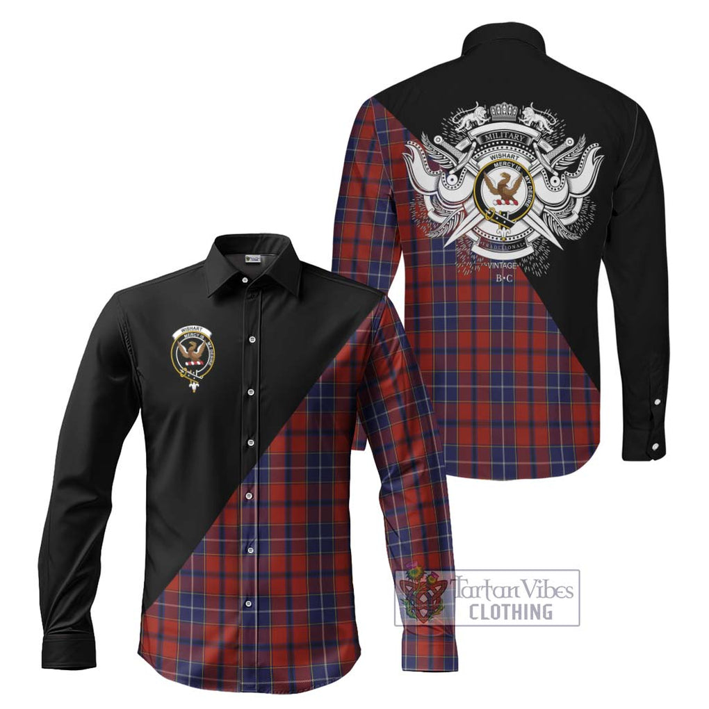 Wishart Tartan Long Sleeve Button Shirt with Family Crest and Military Logo Style Men's Shirt S - Tartanvibesclothing Shop