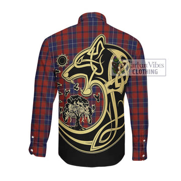 Wishart Tartan Long Sleeve Button Shirt with Family Crest Celtic Wolf Style Men's Shirt - Tartan Vibes Clothing