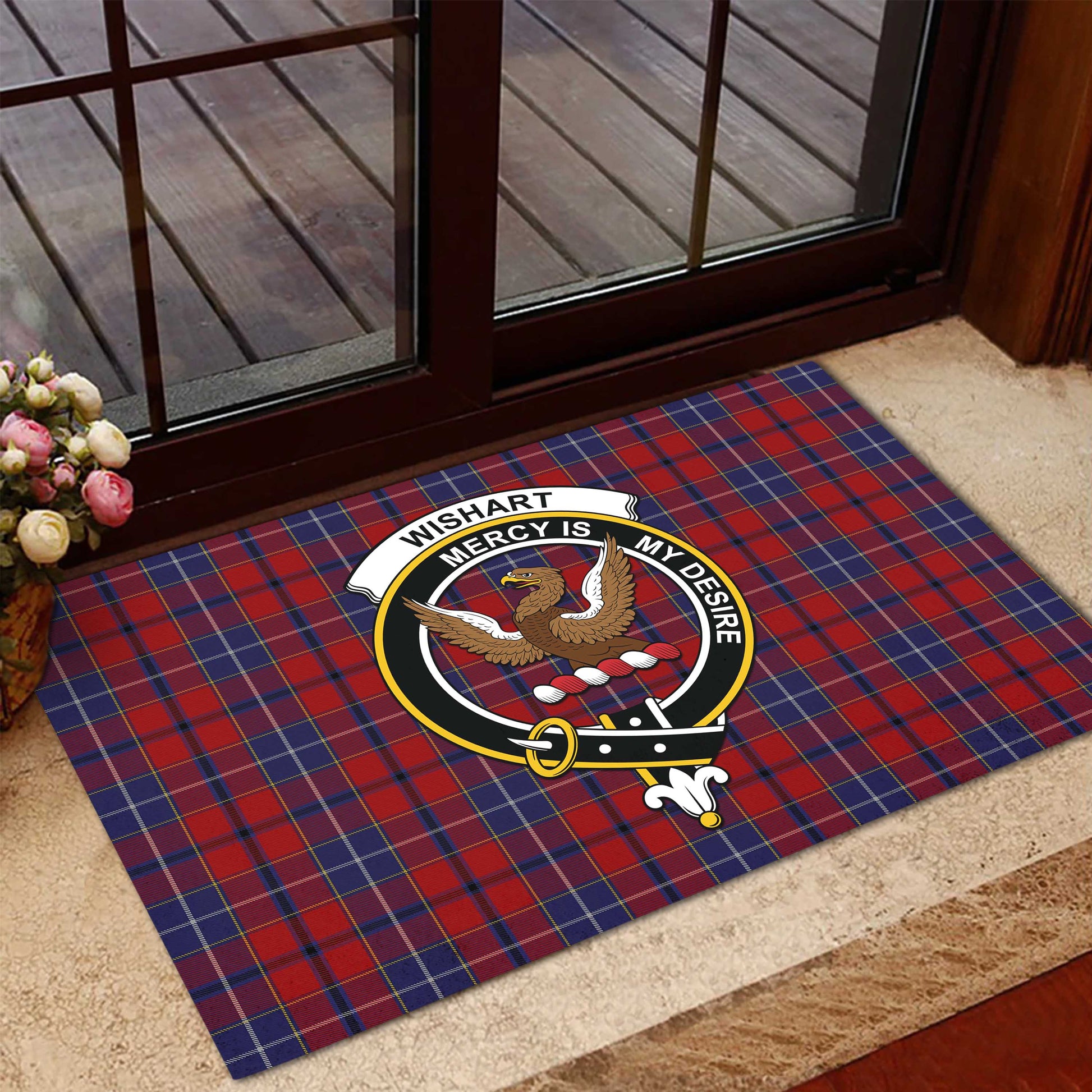 Wishart Dress Tartan Door Mat with Family Crest - Tartanvibesclothing Shop