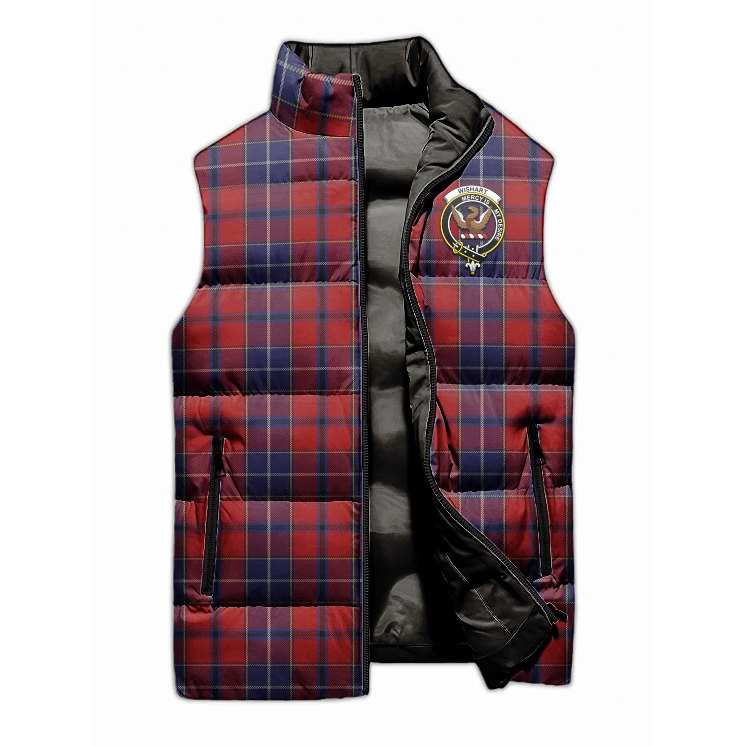 Wishart Tartan Sleeveless Puffer Jacket with Family Crest - Tartan Vibes Clothing