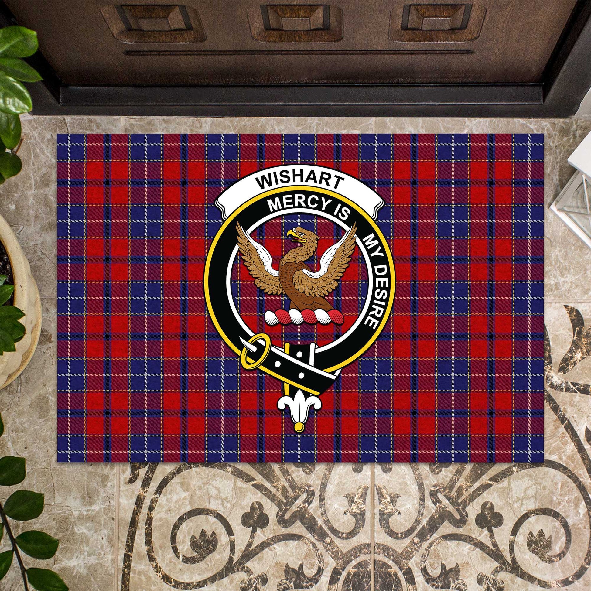 Wishart Dress Tartan Door Mat with Family Crest - Tartanvibesclothing Shop