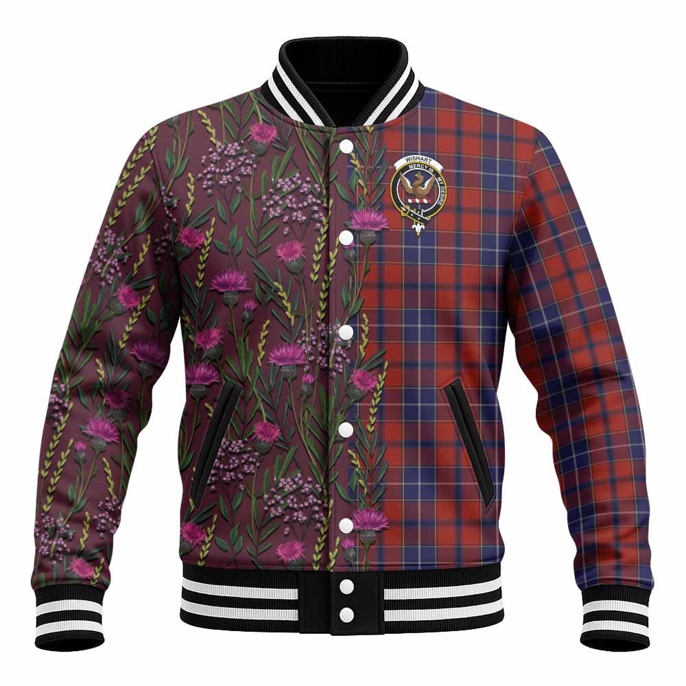 Wishart Family Crest Tartan Baseball Jacket Scottish Thistle Flower Pattern Half Style - Tartan Vibes Clothing