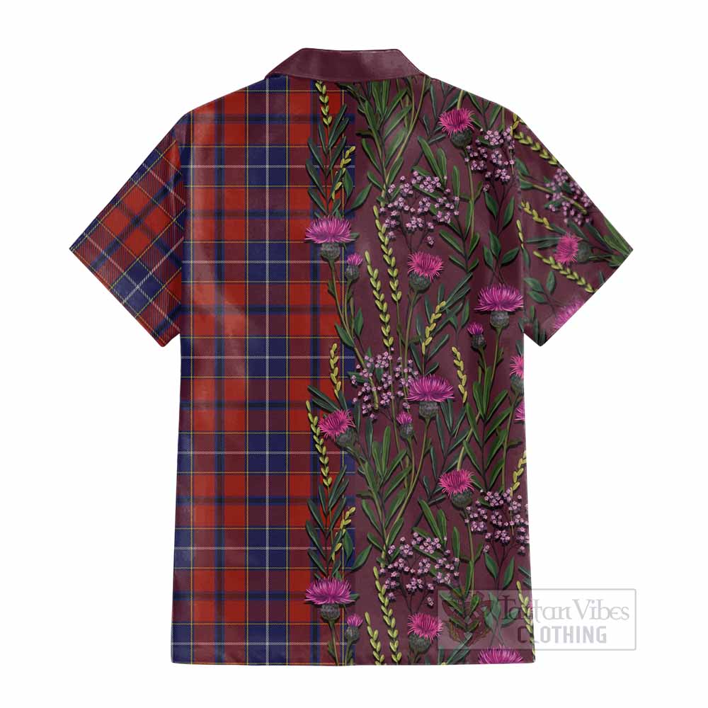 Wishart Family Crest Tartan Cotton Hawaiian Shirt Scottish Thistle Flower Pattern Half Style - Tartan Vibes Clothing