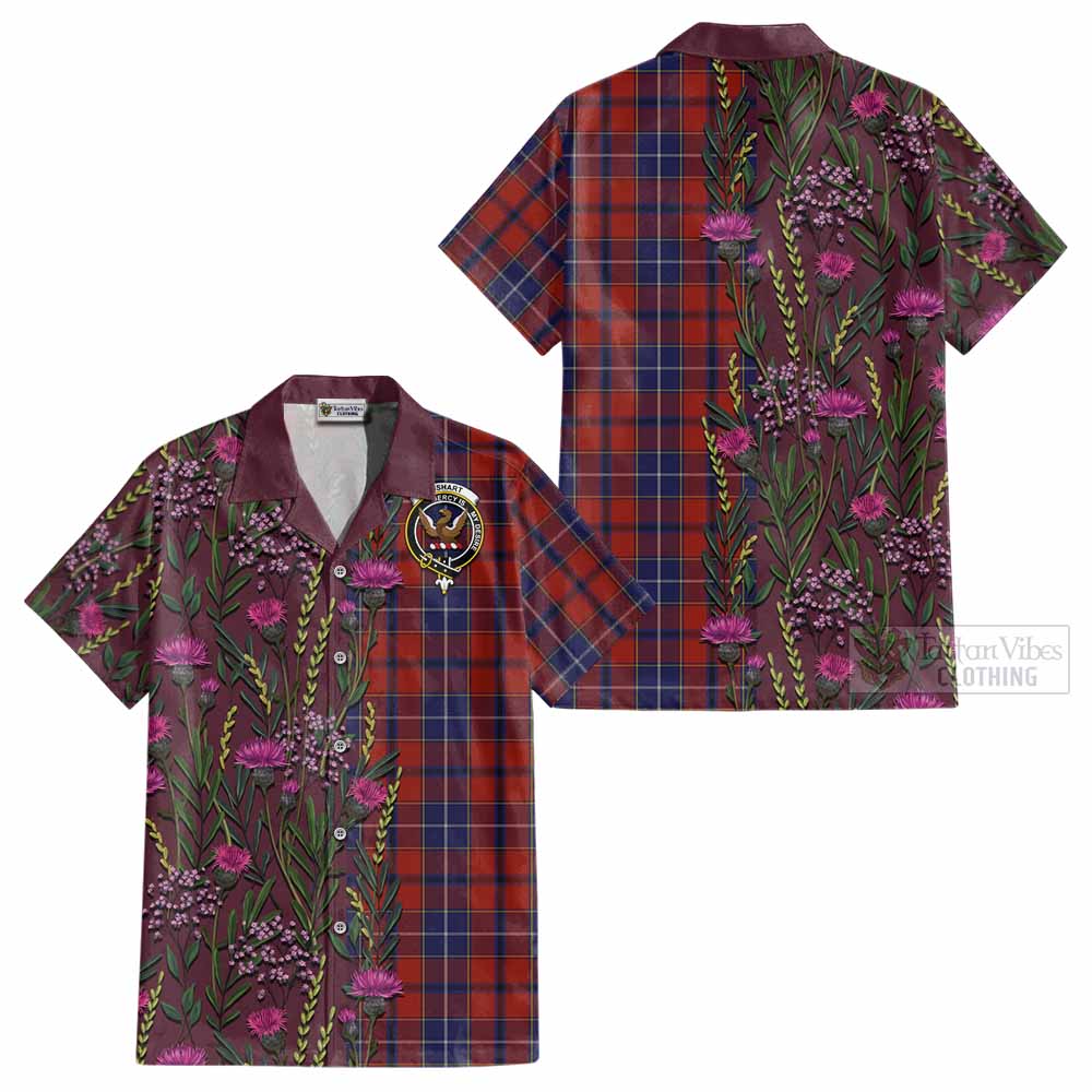 Wishart Family Crest Tartan Cotton Hawaiian Shirt Scottish Thistle Flower Pattern Half Style - Tartan Vibes Clothing