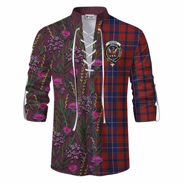 Wishart Family Crest Tartan Ghillie Shirt Scottish Thistle Flower Pattern Half Style - Tartan Vibes Clothing