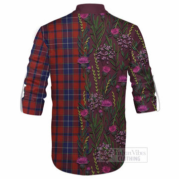 Wishart Family Crest Tartan Ghillie Shirt Scottish Thistle Flower Pattern Half Style - Tartan Vibes Clothing