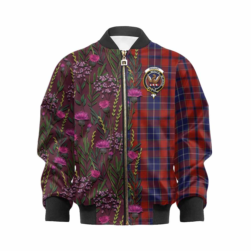 Wishart Family Crest Tartan Kid Bomber Jacket Scottish Thistle Flower Pattern Half Style - Tartan Vibes Clothing