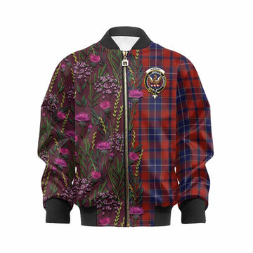Wishart Family Crest Tartan Kid Bomber Jacket Scottish Thistle Flower Pattern Half Style - Tartan Vibes Clothing