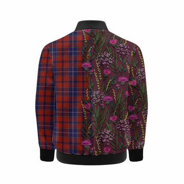 Wishart Family Crest Tartan Kid Bomber Jacket Scottish Thistle Flower Pattern Half Style - Tartan Vibes Clothing