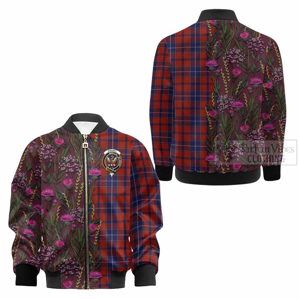 Wishart Family Crest Tartan Kid Bomber Jacket Scottish Thistle Flower Pattern Half Style - Tartan Vibes Clothing