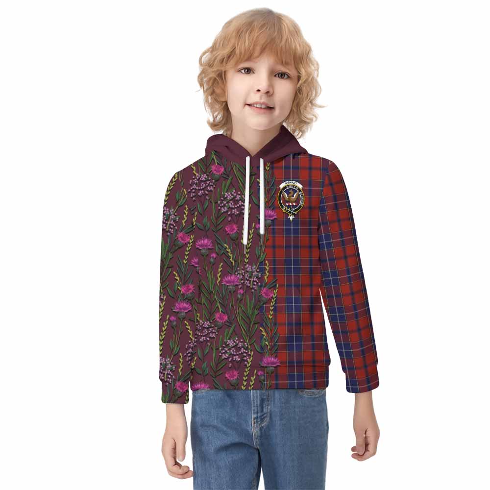 Wishart Family Crest Tartan Kid Hoodie Scottish Thistle Flower Pattern Half Style - Tartan Vibes Clothing