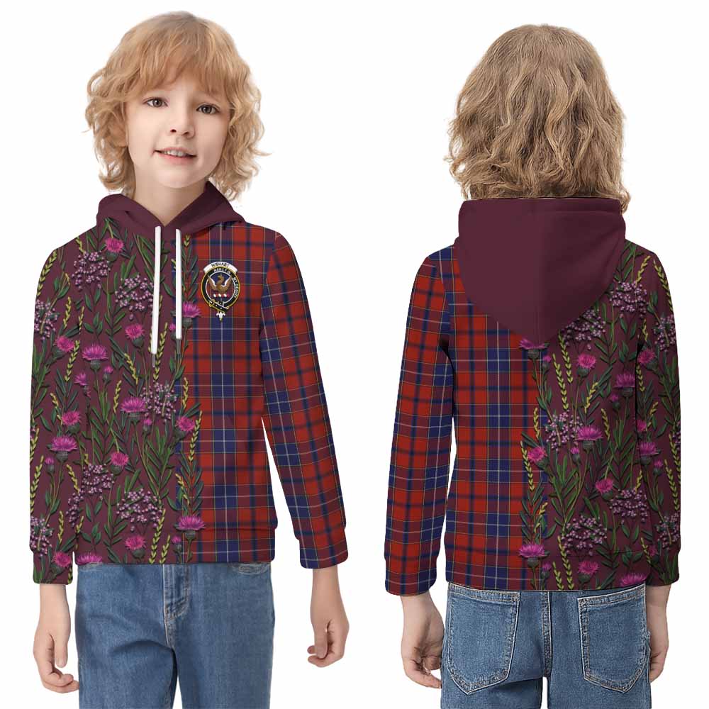 Wishart Family Crest Tartan Kid Hoodie Scottish Thistle Flower Pattern Half Style - Tartan Vibes Clothing
