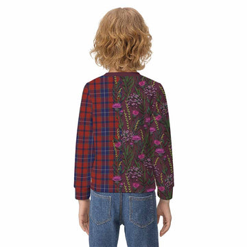 Wishart Family Crest Tartan Kid Knitted Sweatshirt Scottish Thistle Flower Pattern Half Style - Tartan Vibes Clothing