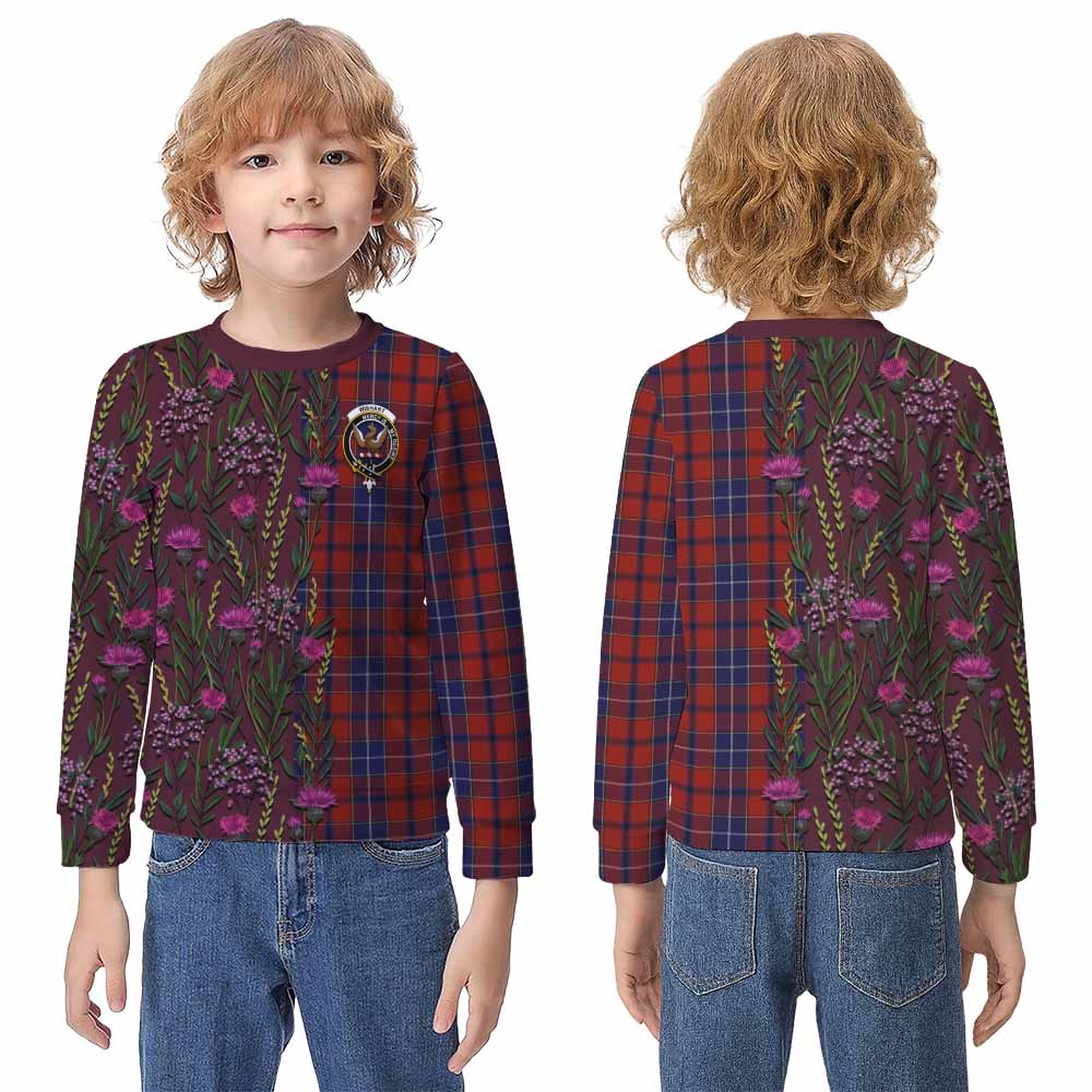 Wishart Family Crest Tartan Kid Knitted Sweatshirt Scottish Thistle Flower Pattern Half Style - Tartan Vibes Clothing