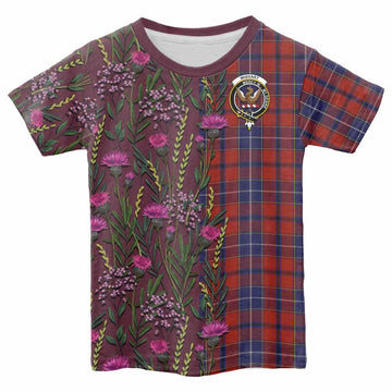 Wishart Family Crest Tartan Kid T-shirt Scottish Thistle Flower Pattern Half Style - Tartan Vibes Clothing