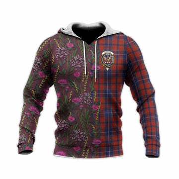 Wishart Family Crest Tartan Knitted Hoodie Scottish Thistle Flower Pattern Half Style - Tartan Vibes Clothing