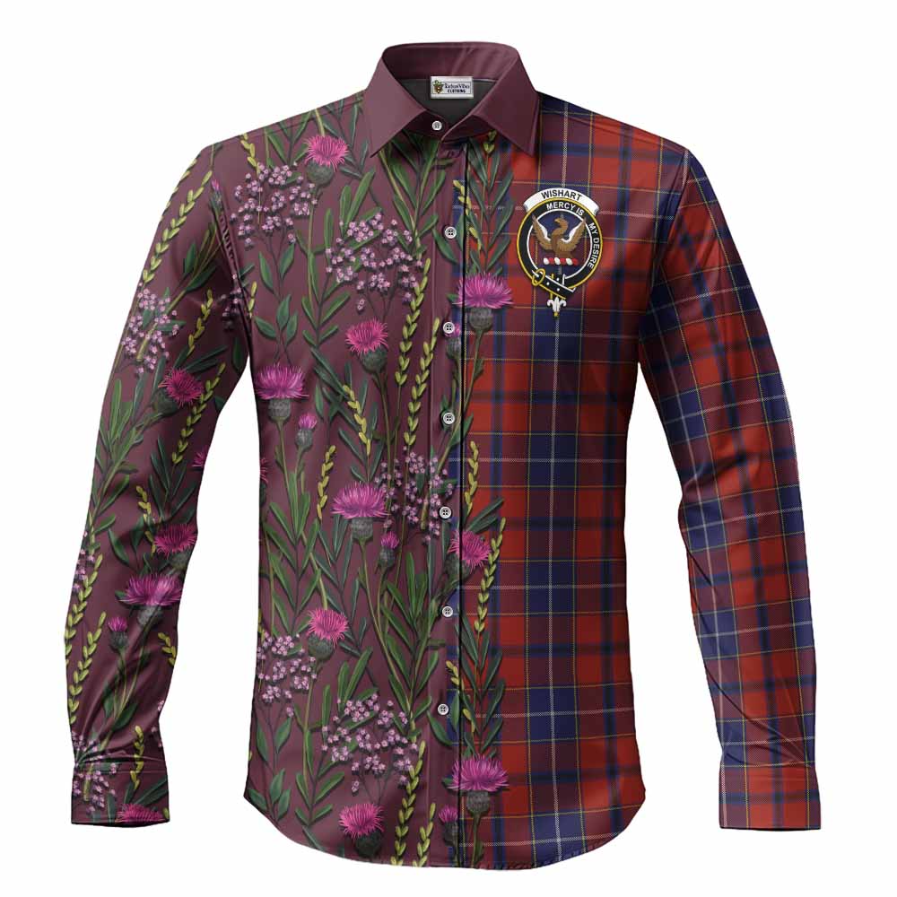 Wishart Family Crest Tartan Long Sleeve Button Shirts Scottish Thistle Flower Pattern Half Style - Tartan Vibes Clothing