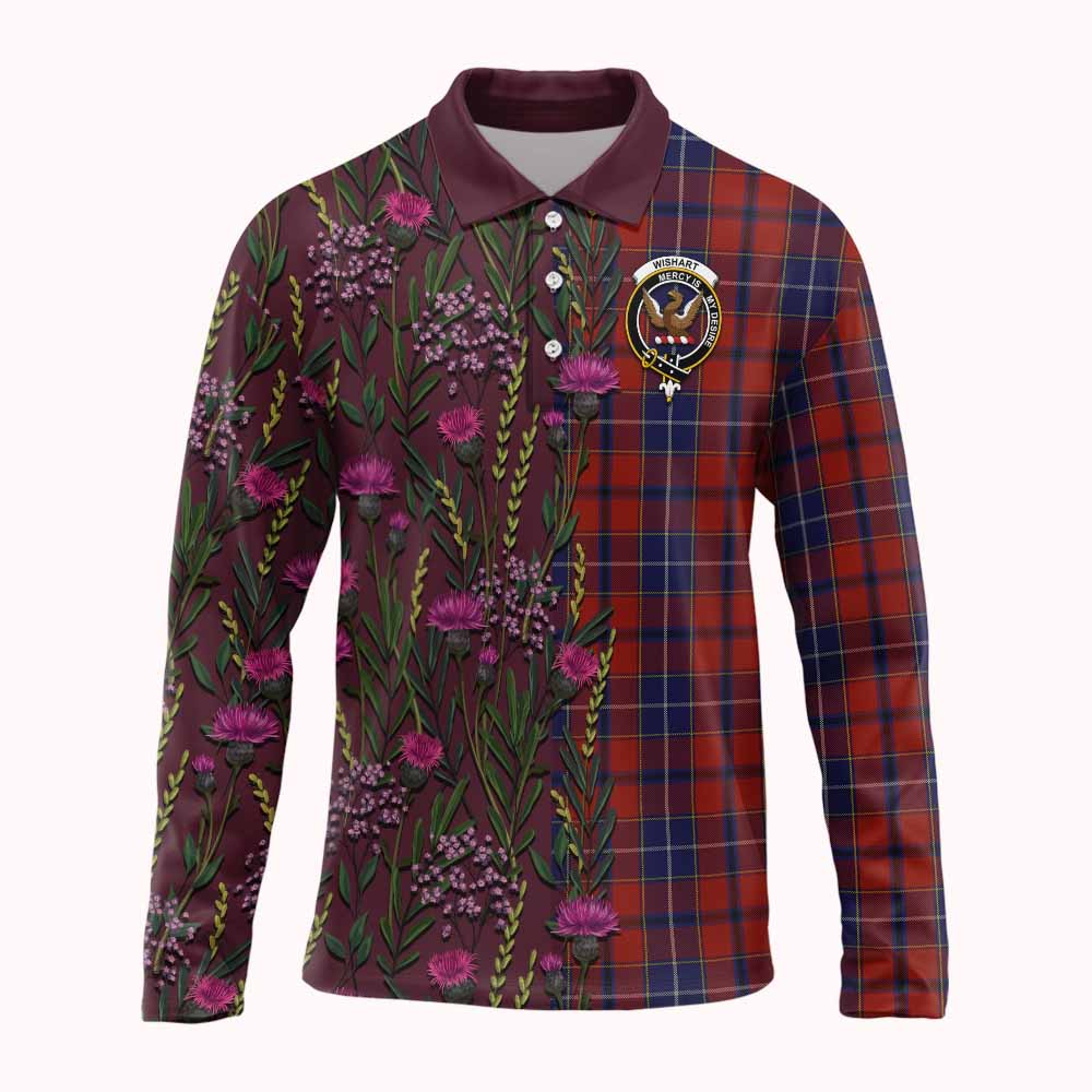 Wishart Family Crest Tartan Long Sleeve Polo Shirt Scottish Thistle Flower Pattern Half Style - Tartan Vibes Clothing
