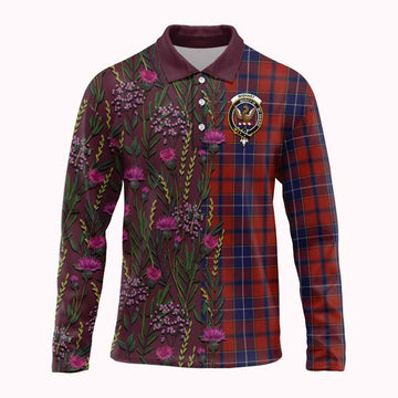 Wishart Family Crest Tartan Long Sleeve Polo Shirt Scottish Thistle Flower Pattern Half Style - Tartan Vibes Clothing