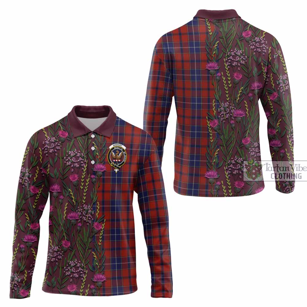 Wishart Family Crest Tartan Long Sleeve Polo Shirt Scottish Thistle Flower Pattern Half Style - Tartan Vibes Clothing