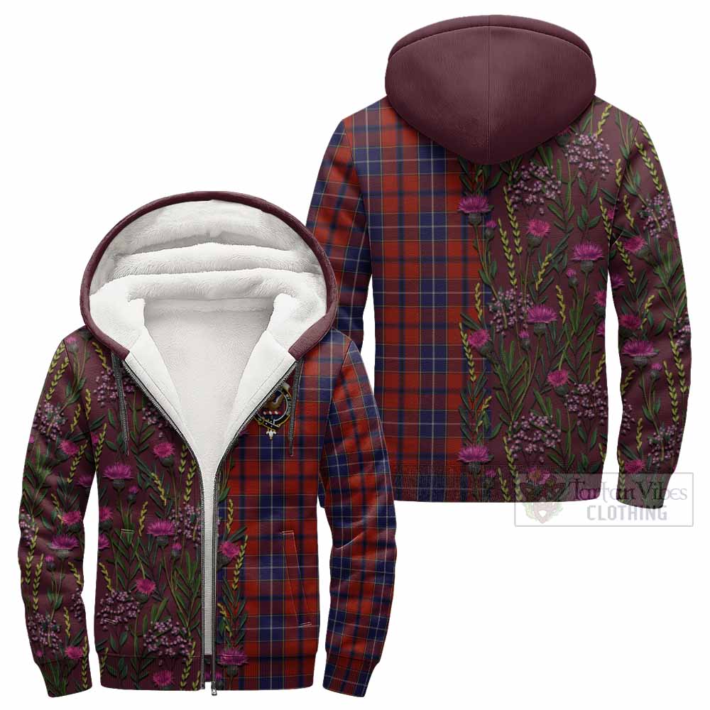Wishart Family Crest Tartan Sherpa Hoodie Scottish Thistle Flower Pattern Half Style - Tartan Vibes Clothing