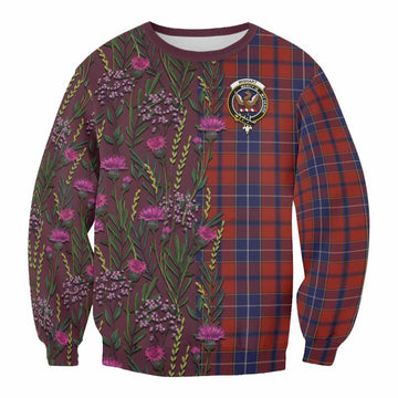 Wishart Family Crest Tartan Sweatshirt Scottish Thistle Flower Pattern Half Style - Tartan Vibes Clothing