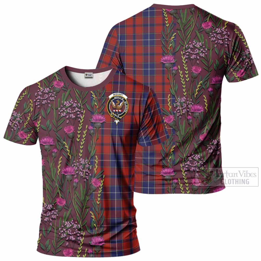 Wishart Family Crest Tartan T-Shirt Scottish Thistle Flower Pattern Half Style - Tartan Vibes Clothing