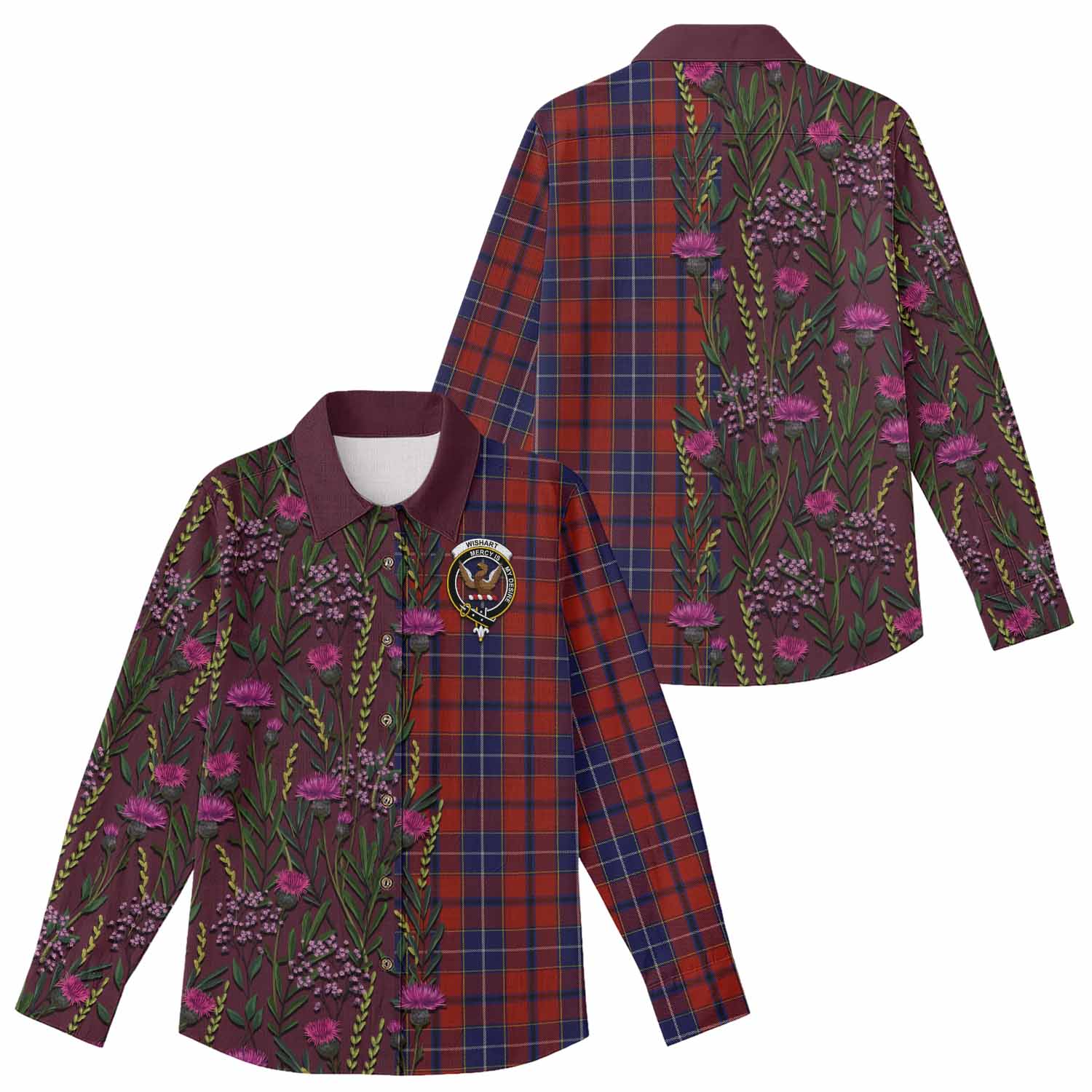 Wishart Family Crest Tartan Women Casual Shirt Scottish Thistle Flower Pattern Half Style - Tartan Vibes Clothing