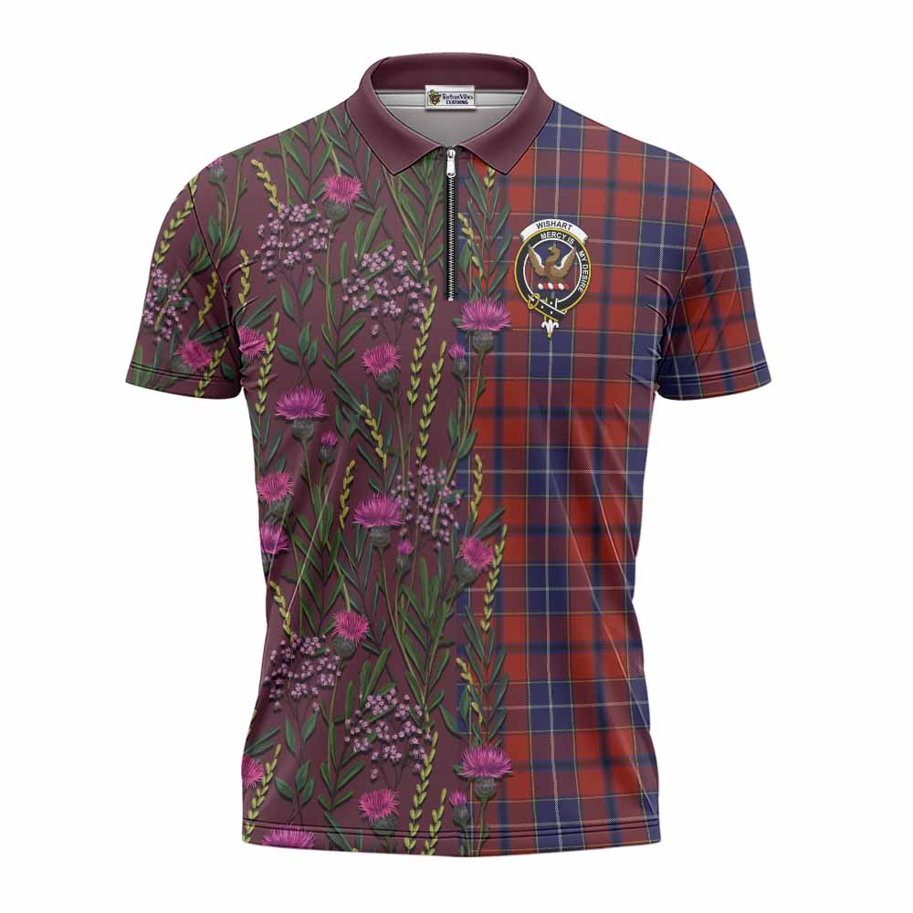 Wishart Family Crest Tartan Zipper Polo Shirt Scottish Thistle Flower Pattern Half Style - Tartan Vibes Clothing