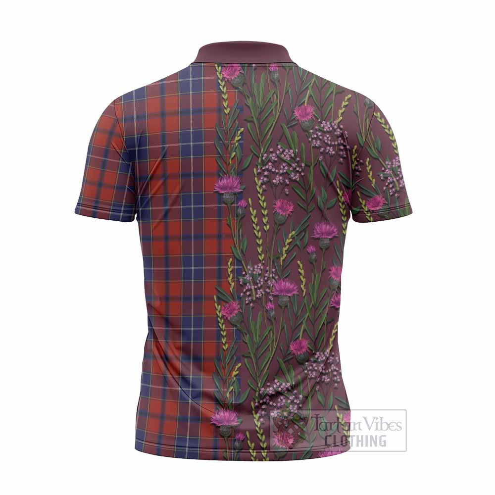 Wishart Family Crest Tartan Zipper Polo Shirt Scottish Thistle Flower Pattern Half Style - Tartan Vibes Clothing
