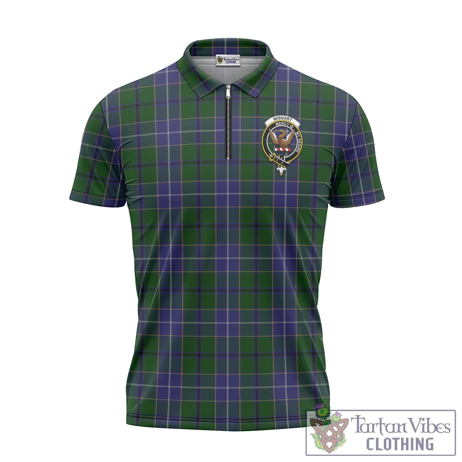 Tartan Vibes Clothing Wishart Hunting Tartan Zipper Polo Shirt with Family Crest