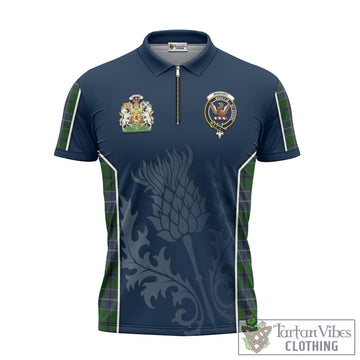 Wishart Hunting Tartan Zipper Polo Shirt with Family Crest and Scottish Thistle Vibes Sport Style