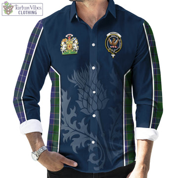 Wishart Hunting Tartan Long Sleeve Button Up Shirt with Family Crest and Scottish Thistle Vibes Sport Style