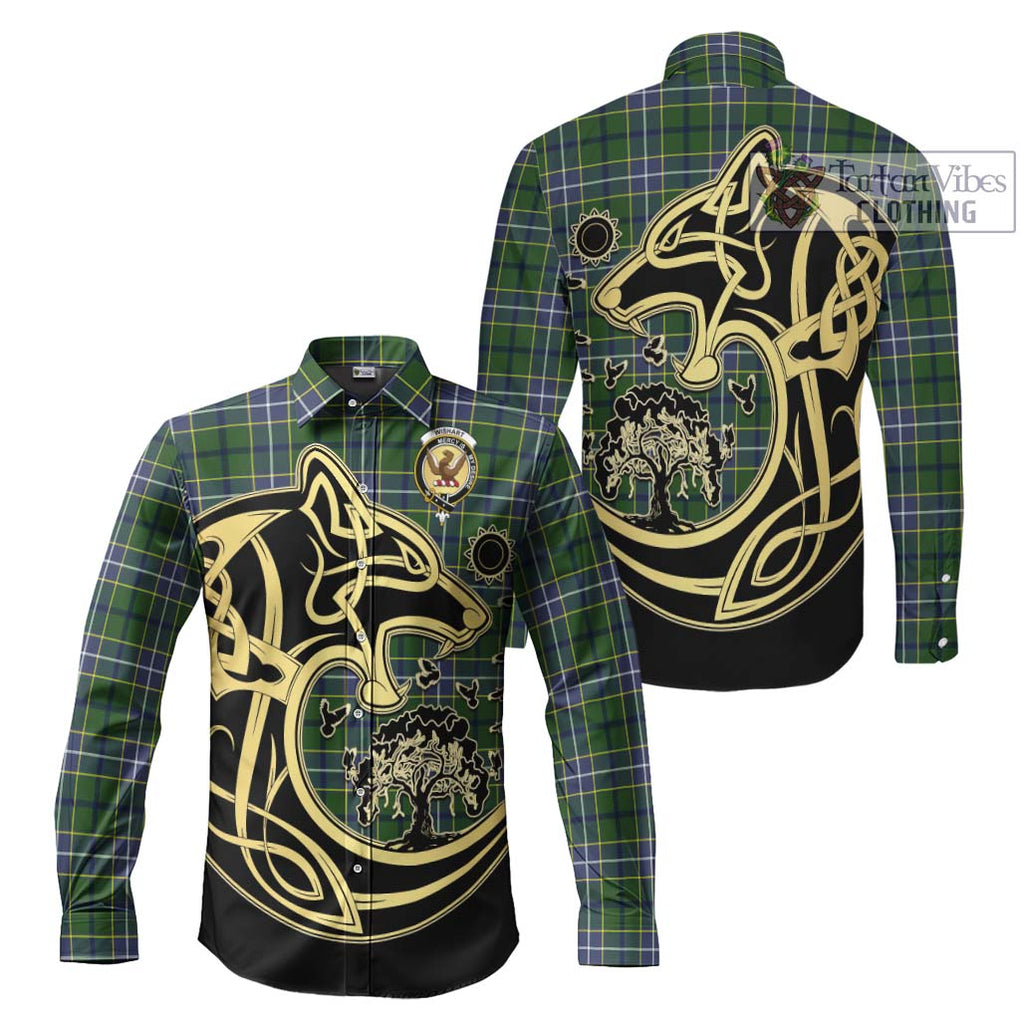 Wishart Hunting Modern Tartan Long Sleeve Button Shirt with Family Crest Celtic Wolf Style Men's Shirt S - Tartan Vibes Clothing