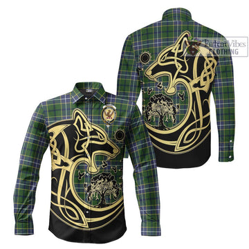 Wishart Hunting Modern Tartan Long Sleeve Button Shirt with Family Crest Celtic Wolf Style Men's Shirt S - Tartan Vibes Clothing