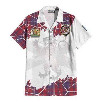Wishart Tartan Cotton Hawaiian Shirt with Family Crest and Lion Rampant Grunge Style