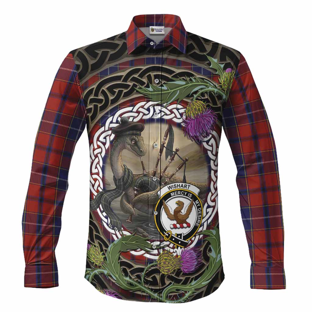 Wishart Tartan Crest Bagpipe Nessie Long Sleeve Button Shirts Scottish Loch Ness Monster Celtic Thistle