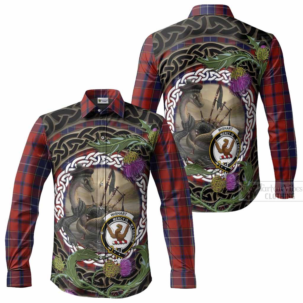 Wishart Tartan Crest Bagpipe Nessie Long Sleeve Button Shirts Scottish Loch Ness Monster Celtic Thistle