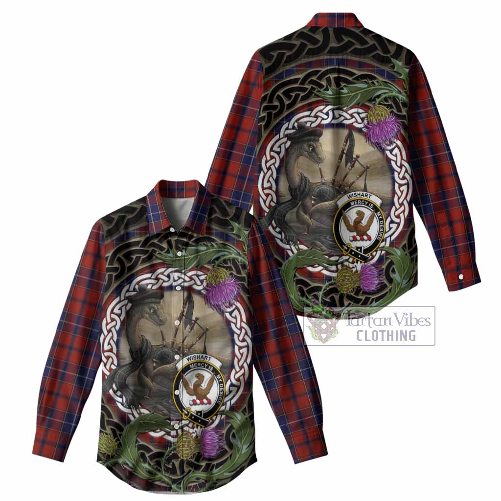 Wishart Tartan Crest Bagpipe Nessie Women Casual Shirt Scottish Loch Ness Monster Celtic Thistle