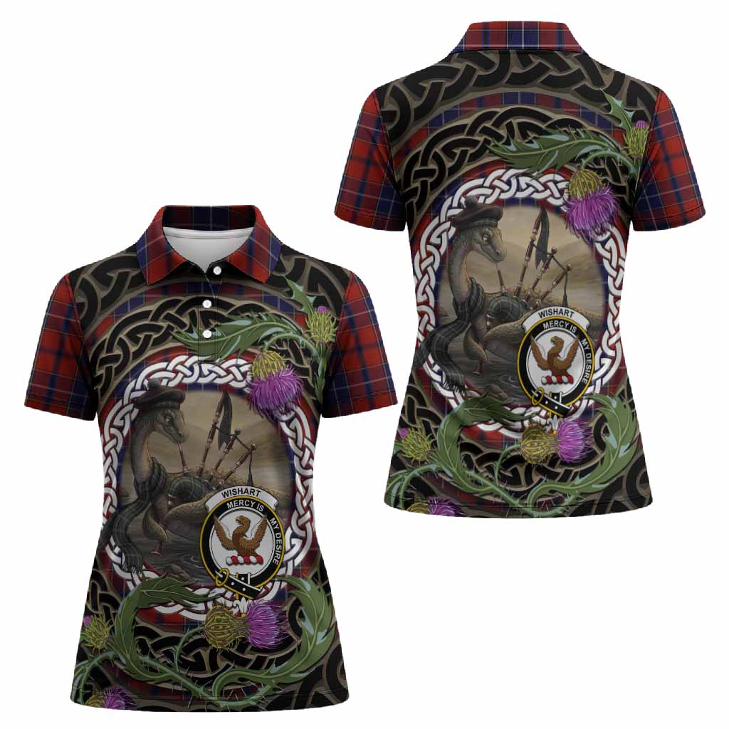 Wishart Tartan Crest Bagpipe Nessie Women Polo Shirt Scottish Loch Ness Monster Celtic Thistle