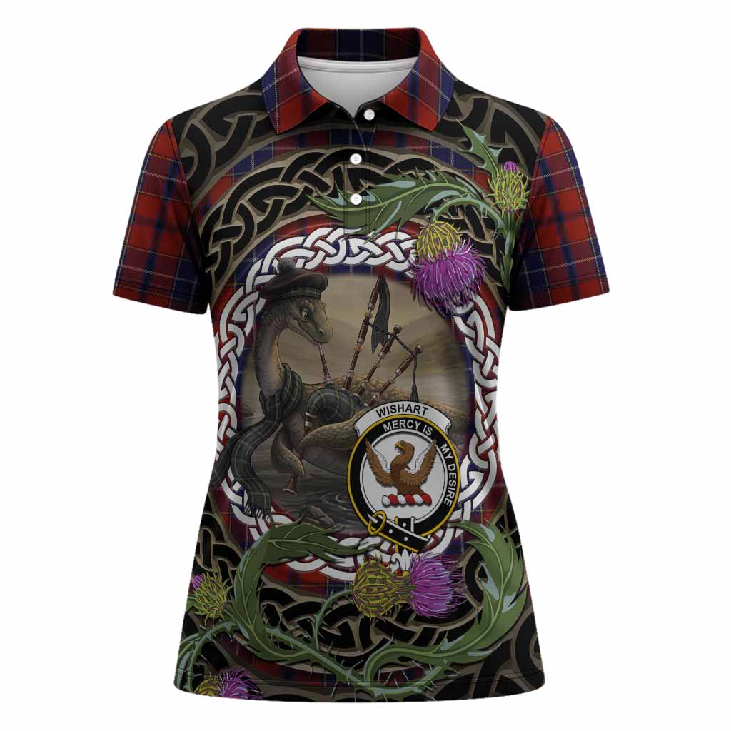 Wishart Tartan Crest Bagpipe Nessie Women Polo Shirt Scottish Loch Ness Monster Celtic Thistle