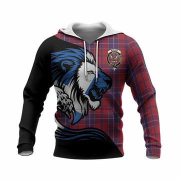 Wishart Tartan Crest Knitted Hoodie Scottish Golden Lions Wave Flow